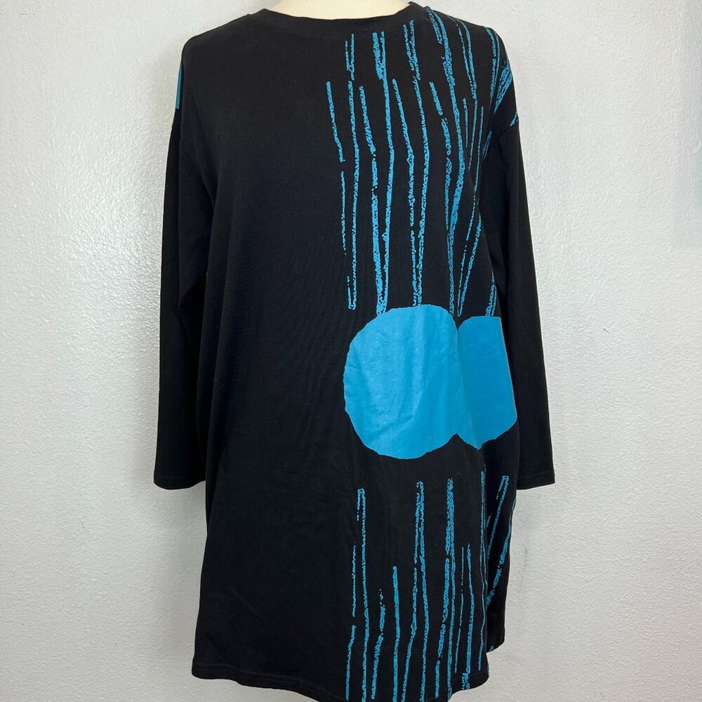 Simply‎ Vanite Black Blue Geometric Print Top Tunic with Pockets One Size